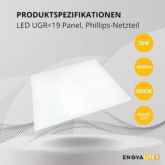 ENOVALITE LED Panel 36 W 4000 K neutralweiß -  - Weißes LED-Panel, UGR<19, 36W, 3600lm, 4000K, 62x62cm. Mit Phillips-Netzteil.