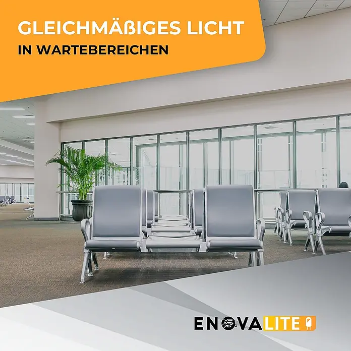 ENOVALITE LED Panel 36 W 6000 K kaltweiß -  - Heller Wartebereich mit grauen Stühlen und gleichmäßigem Licht, ideal für Enovalite Beleuchtungslösungen.