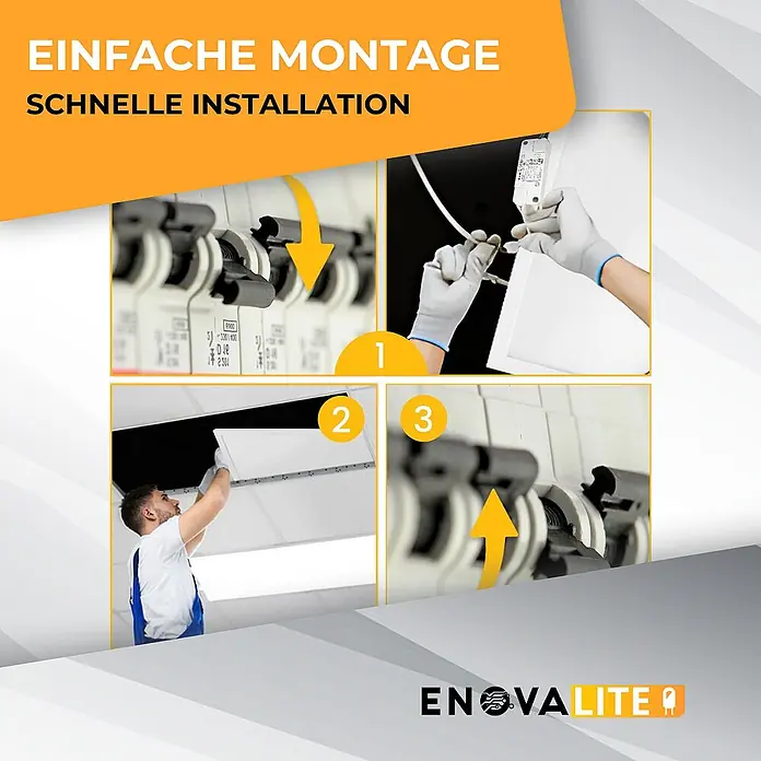ENOVALITE LED Panel 36 W 6000 K kaltweiß -  - Anleitung zur Installation einer weißen LED-Deckenleuchte. Schritte: Strom abschalten, verkabeln, Deckenmontage, Strom wieder einschalten.