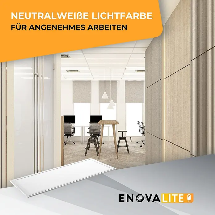 ENOVALITE LED Panel 36 W 4000 K neutralweiß -  - Rechteckiges LED-Panel im Vordergrund eines modernen Büros, das neutralweißes Licht für angenehmes Arbeiten hervorhebt.