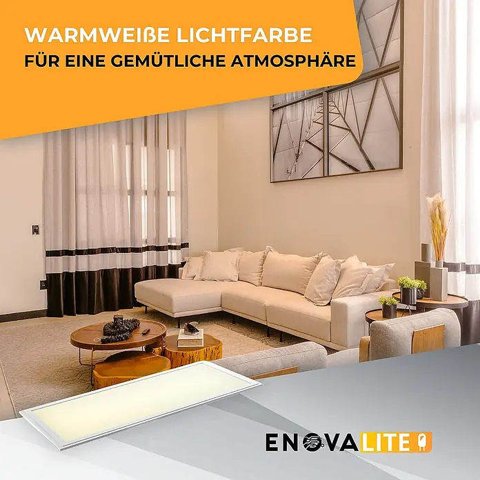 ENOVALITE LED Panel 36 W 3000 K warmweiß -  - Ein rechteckiges, warmweißes LED-Panel in einem modernen Wohnzimmer, das seine gemütliche Lichtfarbe hervorhebt.