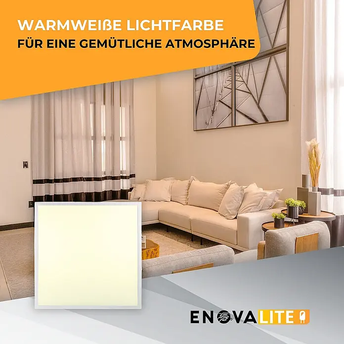 ENOVALITE LED Panel 36 W 3000 K warmweiß -  - Quadratisches LED-Panel in einem Wohnzimmer mit warmweißem Licht für gemütliche Atmosphäre.