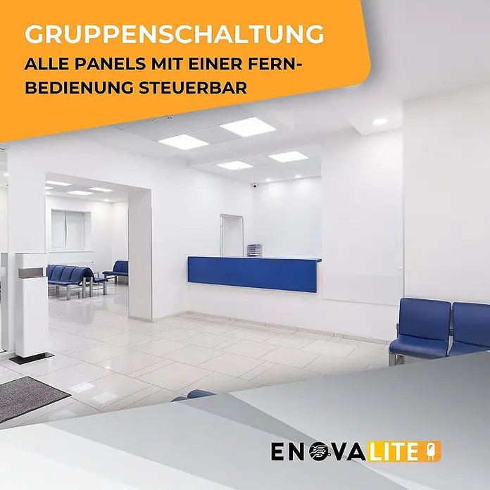 ENOVALITE LED Panel 36 W 3000 K, 4000 K, 6000 K einstellbar in warm-, neutral- und kaltweiß - CCT - Helle LED-Deckenpaneele beleuchten einen Empfangsbereich und zeigen die fernsteuerbare Gruppenschaltung.