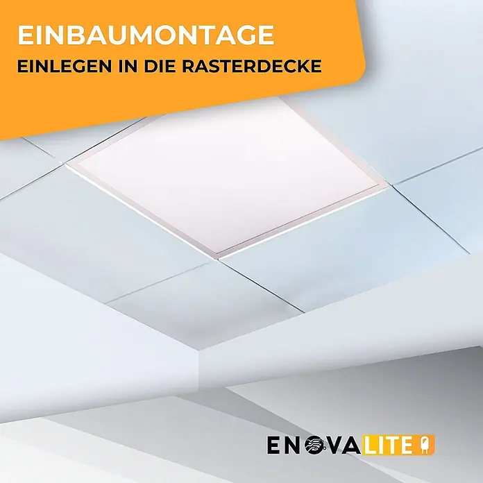 ENOVALITE LED Panel 36 W 3000 K, 4000 K, 6000 K einstellbar in warm-, neutral- und kaltweiß - CCT - Weißes quadratisches LED-Panel in eine Rasterdecke eingebaut.