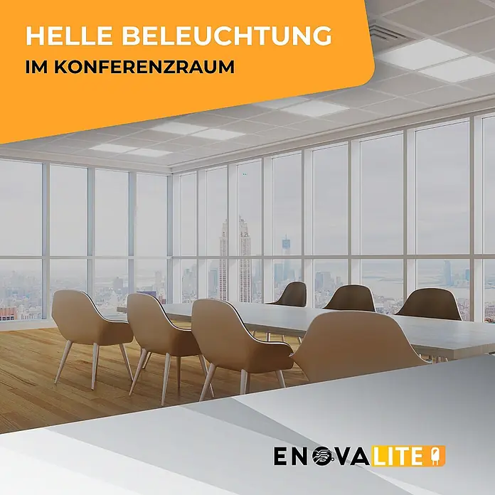 ENOVALITE LED Panel 36 W 3000 K, 4000 K, 6000 K einstellbar in warm-, neutral- und kaltweiß - CCT - Helle Deckenbeleuchtung erhellt einen modernen Konferenzraum mit großen Fenstern.