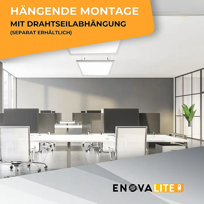 ENOVALITE LED Panel 36 W 3000 K, 4000 K, 6000 K einstellbar in warm-, neutral- und kaltweiß - CCT - Hängende LED-Panel-Leuchte in einem modernen Büro, die die Drahtseilaufhängung zeigt.