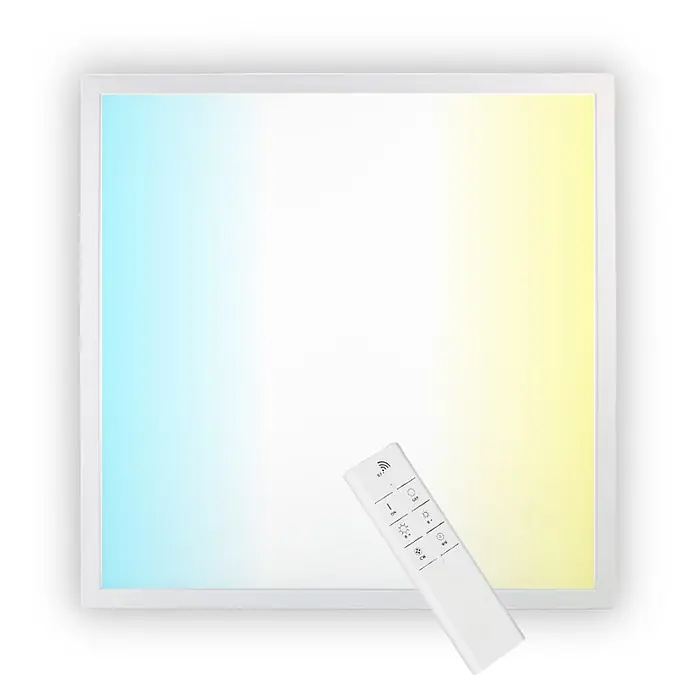 ENOVALITE LED Panel 36 W 3000 K, 4000 K, 6000 K einstellbar in warm-, neutral- und kaltweiß - CCT - Quadratisches LED-Panel mit weißem Rahmen, blau-gelbem Farbverlauf und weißer Fernbedienung für einstellbares Licht.