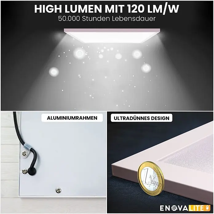 ENOVALITE LED Panel 36 W 4000 K neutralweiß -  - LED-Panel mit hoher Leuchtkraft, langer Lebensdauer, Aluminiumrahmen und ultradünnem Design, dargestellt mit einer Euro-Münze zum Größenvergleich.