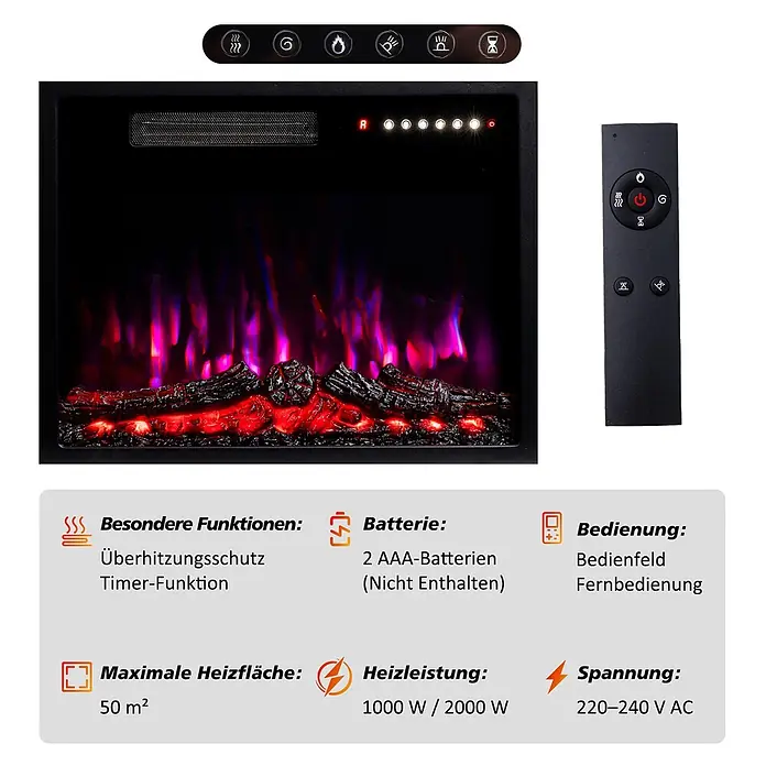 HOMAVO 23'' 1000W/2000W Elektrokamin mit Schrank -  - Schwarzer Elektrokamin mit Fernbedienung, Flammen, Heizfunktionen und Timer.