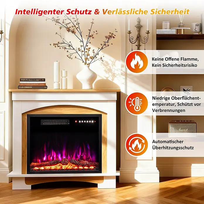 HOMAVO 23'' 1000W/2000W Elektrokamin mit Schrank -  - Weiß-holzfarbener Elektrokamin mit bunten Flammen im Wohnzimmer, betont intelligenten Schutz und Sicherheitsfunktionen.