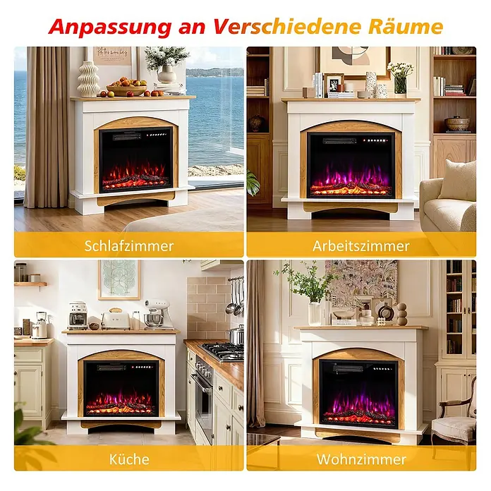 HOMAVO 23'' 1000W/2000W Elektrokamin mit Schrank -  - Weißer Elektrokamin mit hellem Holzdekor und farbigen Flammen, dargestellt in Schlafzimmer, Arbeitszimmer, Küche und Wohnzimmer.