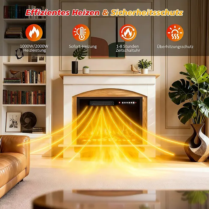 HOMAVO 23'' 1000W/2000W Elektrokamin mit Schrank -  - Elektrischer Kaminofen in einem Wohnzimmer, der Wärme und Licht in den Raum abstrahlt.