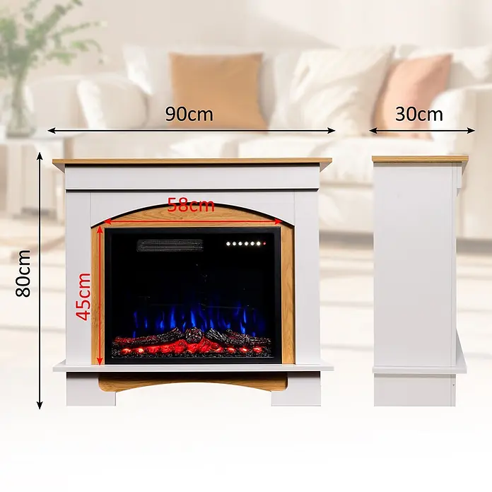 HOMAVO 23'' 1000W/2000W Elektrokamin mit Schrank -  - Grauer Elektrokamin mit Holzplatte und Flammeneffekt, 90x80x30cm (BxHxT).