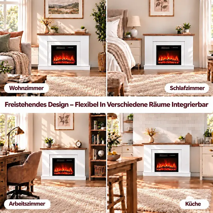 HOMAVO Elektrokamin mit Schrank 23" 1000/2000 W 12-farbiger -  - Weißer freistehender Elektrokamin mit Holzplatte und realistischen Flammen. Flexibel in Wohnzimmer, Schlafzimmer, Arbeitszimmer und Küche gezeigt.