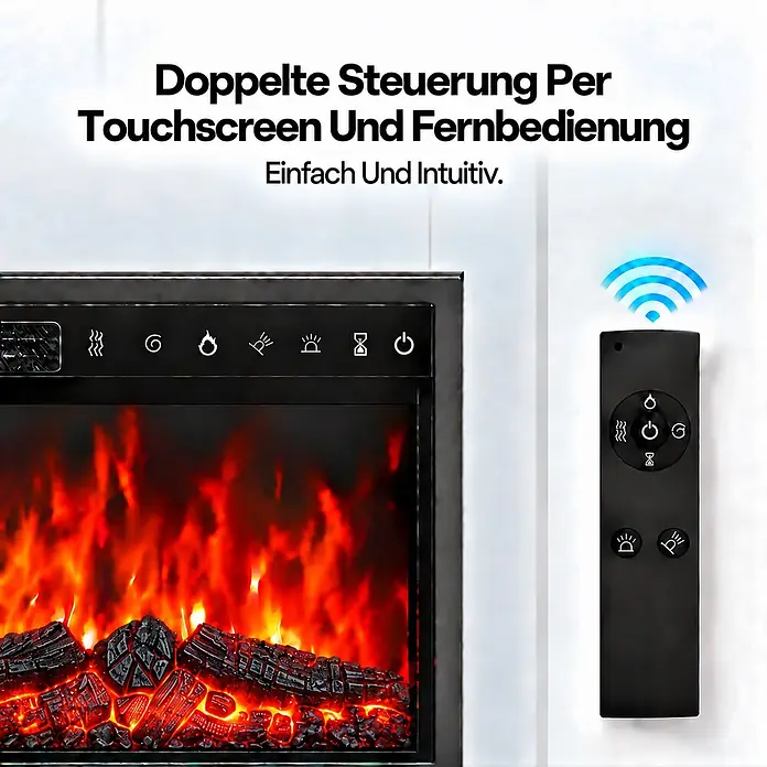 HOMAVO Elektrokamin mit Schrank 23" 1000/2000 W 12-farbiger -  - Schwarzer Elektrokamin mit Touch-Bedienfeld und Fernbedienung, zeigt duale Steuerung.