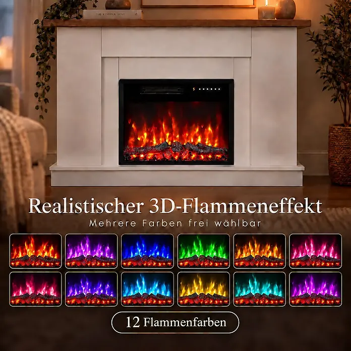 HOMAVO Elektrokamin mit Schrank 23" 1000/2000 W 12-farbiger -  - Weißer Elektrokamin mit realistischem 3D-Flammeneffekt und 12 wählbaren Flammenfarben in einem gemütlichen Wohnzimmer.