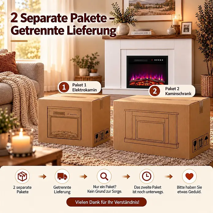 HOMAVO Elektrokamin mit Schrank 23" 1000/2000 W 12-farbiger -  - Zwei Kartons für einen Elektrokamin und seinen Kaminschrank, als separate Pakete geliefert.