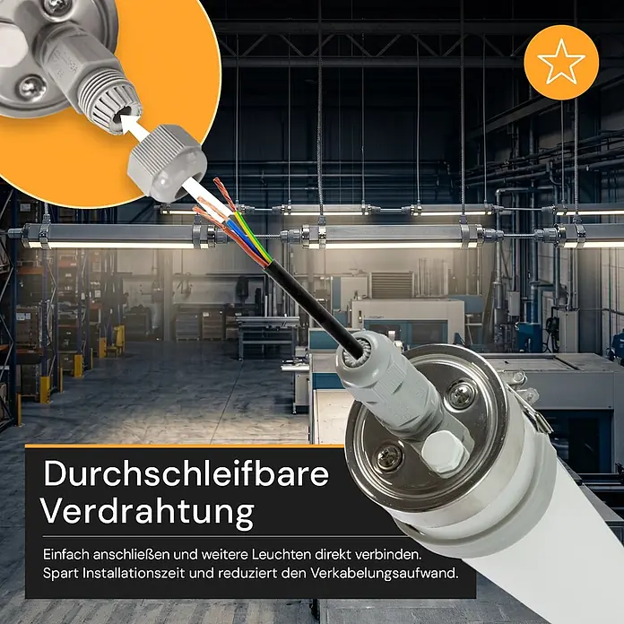 ENOVALITE LED Feuchtraumleuchte 50 W 4000 K neutralweiß -  - Endkappe einer Leuchte mit Kabelverschraubung, zeigt durchschleifbare Verdrahtung. Verbindet mehrere Leuchten im Industriebereich.