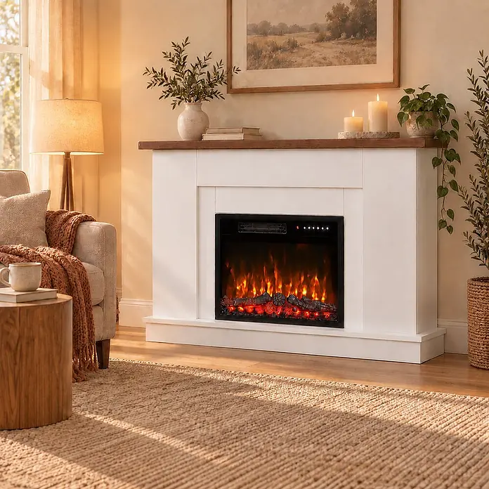 HOMAVO Elektrokamin mit Schrank 23" 1000/2000 W 12-farbiger -  - Weißer Elektrokamin mit Holzsims, schwarzer Feuerraum mit glühenden Scheiten, im gemütlichen Wohnzimmer.
