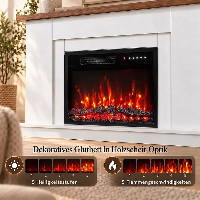 HOMAVO Elektrokamin mit Schrank 23" 1000/2000 W 12-farbiger -  - Weißer Elektrokamin mit Holzplatte und realistischen Flammeneffekten. Bietet 5 Helligkeitsstufen und 5 Flammengeschwindigkeiten.