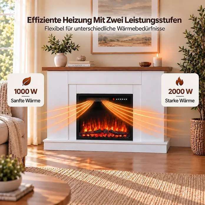 HOMAVO Elektrokamin mit Schrank 23" 1000/2000 W 12-farbiger -  - Weißer Elektrokamin mit schwarzem Einsatz, der Wärmeausgabe bei 1000W (sanft) und 2000W (stark) in einem gemütlichen Wohnzimmer zeigt.