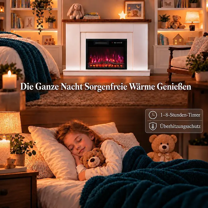 HOMAVO Elektrokamin mit Schrank 23" 1000/2000 W 12-farbiger -  - Elektrischer Kamin mit weißem Mantel und lebhaften Flammen in einem gemütlichen Schlafzimmer, der sichere und warme Behaglichkeit für erholsamen Schlaf bietet.