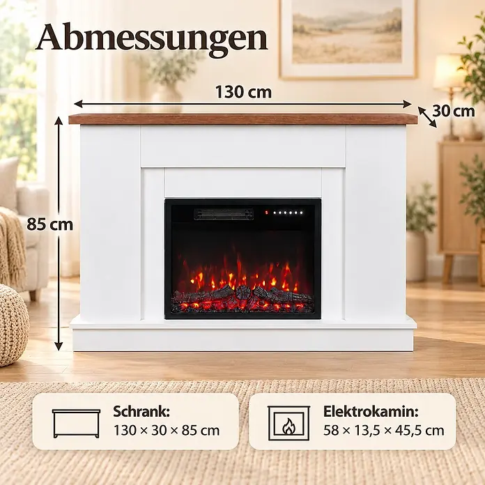 HOMAVO Elektrokamin mit Schrank 23" 1000/2000 W 12-farbiger -  - Weißer Elektrokamin mit Holzplatte, Maße: 130 cm B, 85 cm H, 30 cm T. Details zum Elektrokamineinsatz sind angegeben.