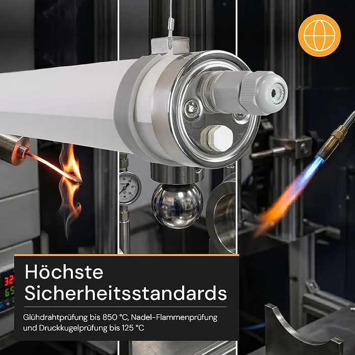 ENOVALITE LED Feuchtraumleuchte 50 W 4000 K neutralweiß -  - Weißes zylindrisches Produkt wird Hitzetests unterzogen, mit Glühdraht, Flamme und Druckkugel.