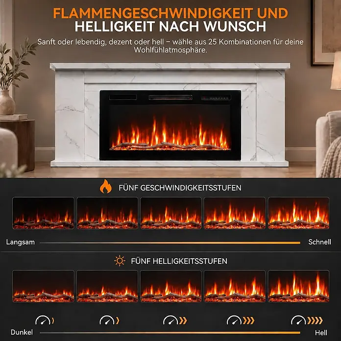 HOMAVO 36 Zoll Elektrokamin 1000/2000 W mit Schrank APP Steuerung -  - Elektrischer Kamin in weißem Marmor-Look mit anpassbaren Flammen: 5 Geschwindigkeits- und 5 Helligkeitsstufen für 25 Kombinationen.