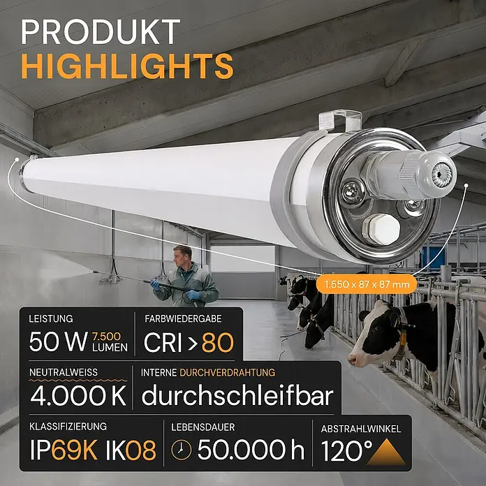 ENOVALITE LED Feuchtraumleuchte 50 W 4000 K neutralweiß -  - Weißes, zylindrisches LED-Licht in einem Stall, für robusten Industrieeinsatz, mit einem Mann beim Reinigen.