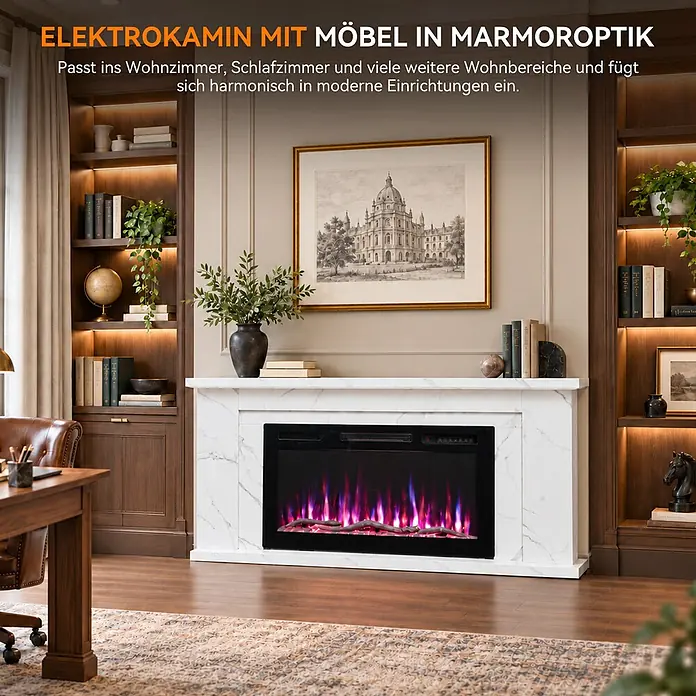 HOMAVO 36 Zoll Elektrokamin 1000/2000 W mit Schrank APP Steuerung -  - Elektrokamin mit Marmoroptik-Möbel in einem modernen Wohnzimmer.