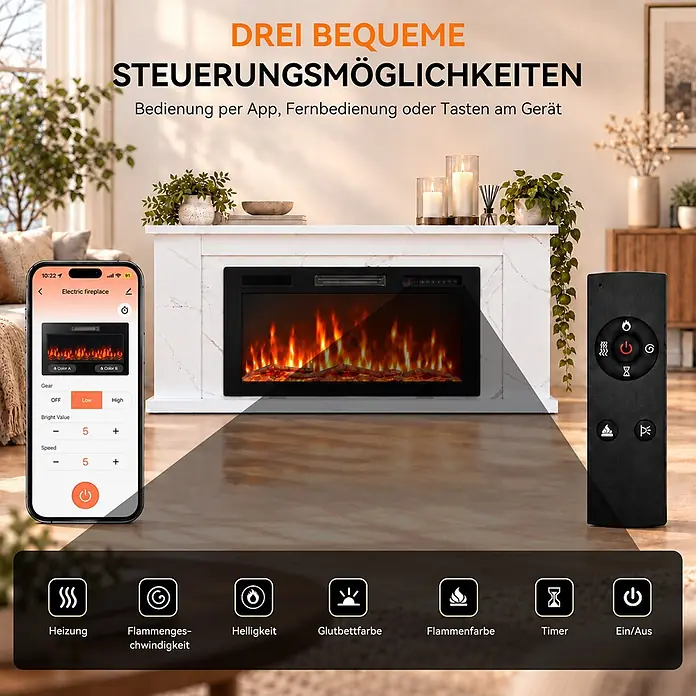 HOMAVO 36 Zoll Elektrokamin 1000/2000 W mit Schrank APP Steuerung -  - Schwarzer Elektrokamin mit weißem Mantel, der realistische Flammen und Steuerungsoptionen über Smartphone-App und Fernbedienung in einem modernen Wohnzimmer zeigt.