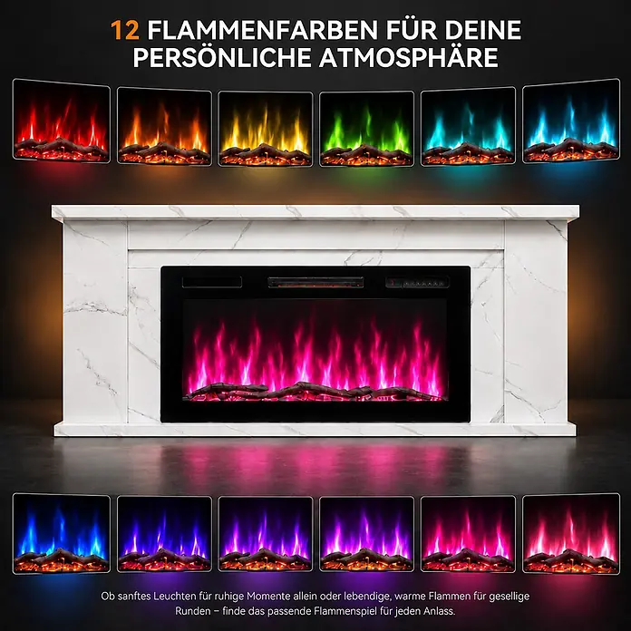 HOMAVO 36 Zoll Elektrokamin 1000/2000 W mit Schrank APP Steuerung -  - Elektrischer Kamin mit weißem Marmor-Effekt-Rahmen zeigt verschiedene Flammenfarben, darunter leuchtende Pink-/Violett-Flammen.