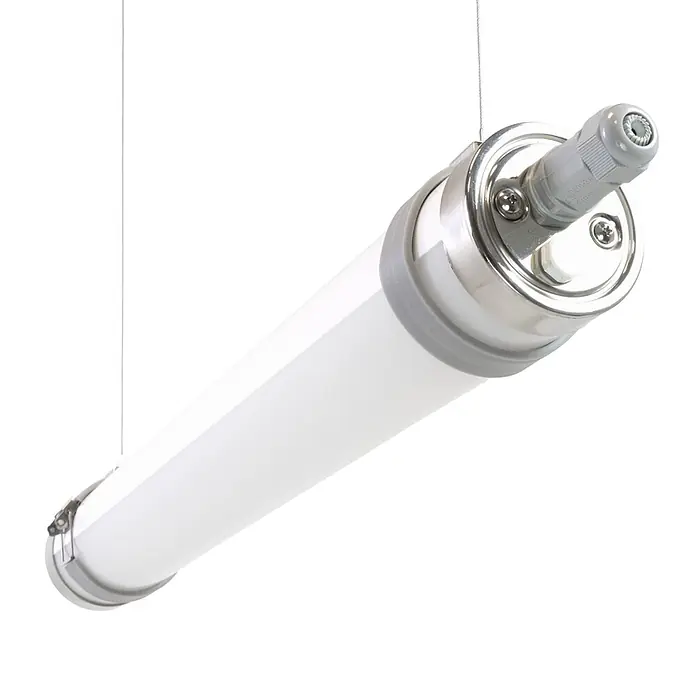 ENOVALITE LED Feuchtraumleuchte 18 W 4000 K neutralweiß -  - Hängende weiße LED-Röhrenleuchte mit Metallendkappen und grauer Kabelverschraubung.