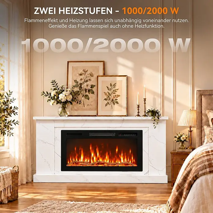 HOMAVO 36 Zoll Elektrokamin 1000/2000 W mit Schrank APP Steuerung -  - Elektrischer Kamin mit weißem Marmor-Look-Mantel in einem gemütlichen Schlafzimmer, der realistische Flammen zeigt.