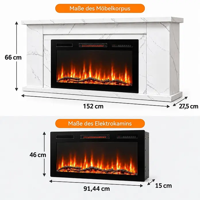 HOMAVO 36 Zoll Elektrokamin 1000/2000 W mit Schrank APP Steuerung -  - Weißer Elektrokamin in Marmoroptik mit Kaminsims. Gesamtmaße: 66x152x27,5 cm; Einsatzmaße: 46x91,44x15 cm.