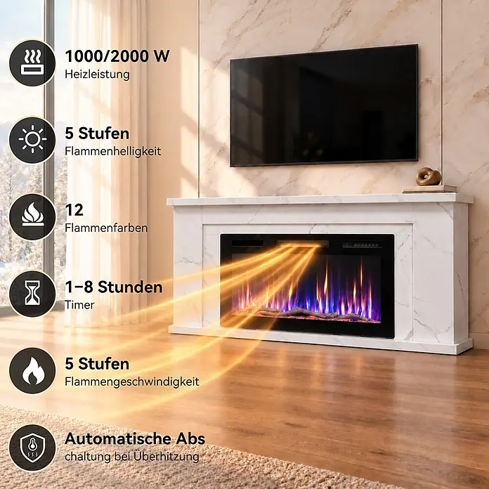 HOMAVO 36 Zoll Elektrokamin 1000/2000 W mit Schrank APP Steuerung -  - Weißer Elektrokamin in Marmoroptik mit schwarzem Einsatz, farbigen Flammen und Wärmeabstrahlung. Funktionen für Heizleistung, Flammen und Timer sind aufgeführt.