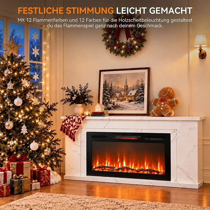HOMAVO 36 Zoll Elektrokamin 1000/2000 W mit Schrank APP Steuerung -  - Ein elektrischer Kamin in weißer Marmoroptik mit schwarzem Einsatz und realistischen Flammen, gemütlicher Mittelpunkt eines Festraumes.