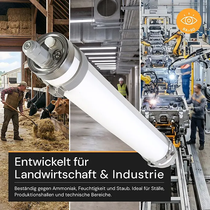 ENOVALITE LED Feuchtraumleuchte 18 W 4000 K neutralweiß -  - Robuste Industrie-LED-Röhrenleuchte, beständig gegen Ammoniak, Feuchtigkeit & Staub, ideal für Landwirtschaft & Industrie (RA>80).