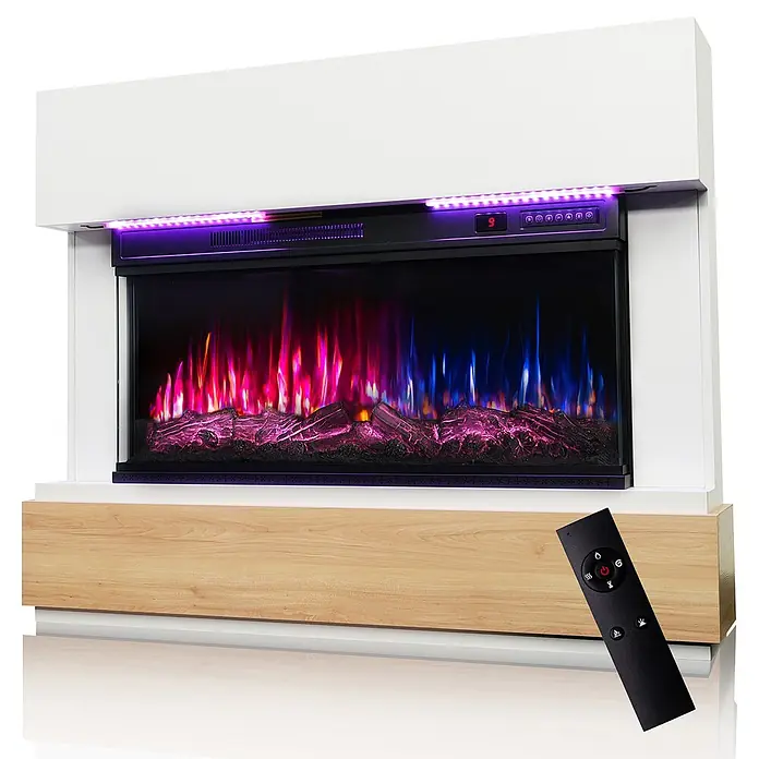 HOMAVO 36'' 1000W/2000W Elektrokamin mit Schrank -  - Weißer und holzfarbener Elektrokamin mit bunten Flammeneffekten, violetter LED-Beleuchtung und Fernbedienung.