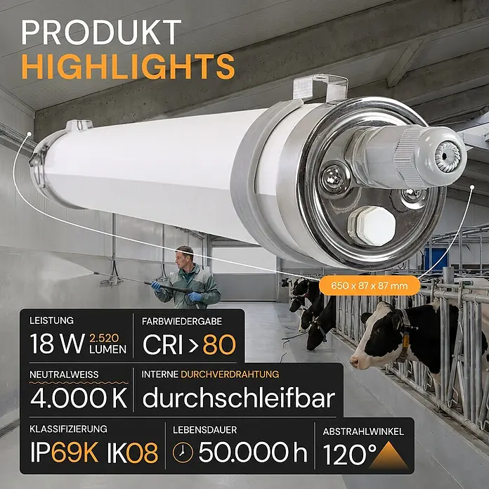 ENOVALITE LED Feuchtraumleuchte 18 W 4000 K neutralweiß -  - Weißes, robustes zylindrisches LED-Licht in einem Stall mit Kühen, Arbeiter reinigt, mit 'PRODUKT HIGHLIGHTS' Text.