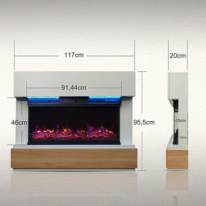HOMAVO 36'' 1000W/2000W Elektrokamin mit Schrank -  - Moderner Elektrokamin mit weißem Gehäuse und Holzsockel, Maße sind abgebildet.
