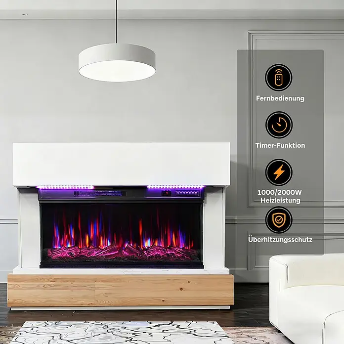 HOMAVO 36'' 1000W/2000W Elektrokamin mit Schrank -  - Weißer Elektrokamin mit bunten Flammen und Holzsockel, in einem Raum mit Feature-Overlay dargestellt.