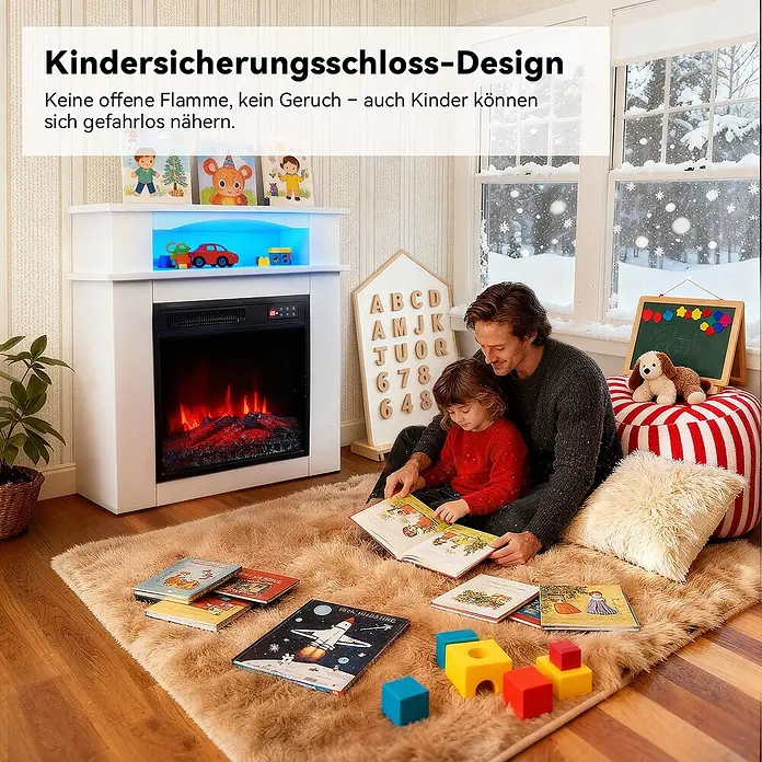 HOMAVO 18'' 900W/1800W Elektrokamin mit Schrank -  - Weißer Elektrokamin mit kindersicherem Design, keine offene Flamme oder Geruch. Vater und Kind lesen gemütlich davor.