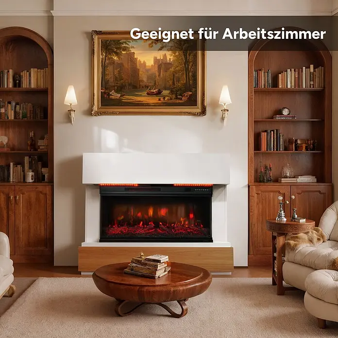 HOMAVO 36'' 1000W/2000W Elektrokamin mit Schrank -  - Elektrischer Kamin mit weißem Mantel und Holzsockel, zeigt realistische Flammen in einem gemütlichen Arbeitszimmer.