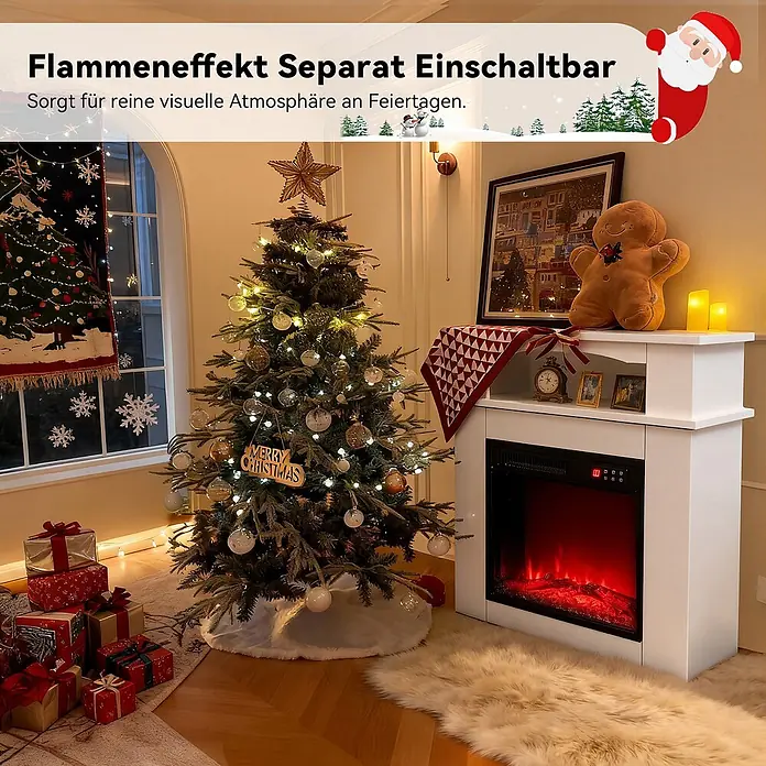HOMAVO 18'' 900W/1800W Elektrokamin mit Schrank -  - Weißer Elektrokamin mit realistischem Flammeneffekt in einem festlichen Weihnachtszimmer.