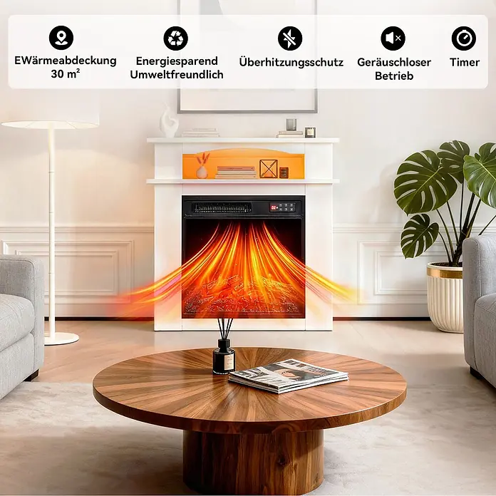 HOMAVO 18'' 900W/1800W Elektrokamin mit Schrank -  - Weißer Elektrokamin mit Flammen und Wärme in einem modernen Wohnzimmer. Merkmale: 30m² Abdeckung, energiesparend und Überhitzungsschutz.