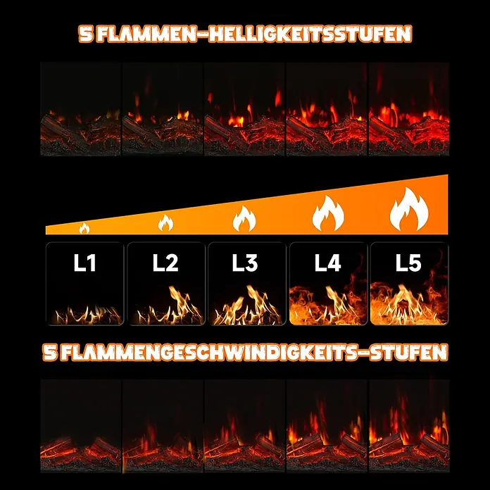 HOMAVO 36'' 1000W/2000W Elektrokamin mit Schrank -  - Flammeneffekt eines Elektrokamins mit 5 einstellbaren Helligkeits- und 5 Flammen-Geschwindigkeitsstufen.