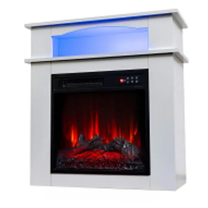 HOMAVO 18'' 900W/1800W Elektrokamin mit Schrank -  - Weißer Elektrokamin mit realistischen Kunstholzflammen und blauer Umgebungsbeleuchtung oben.