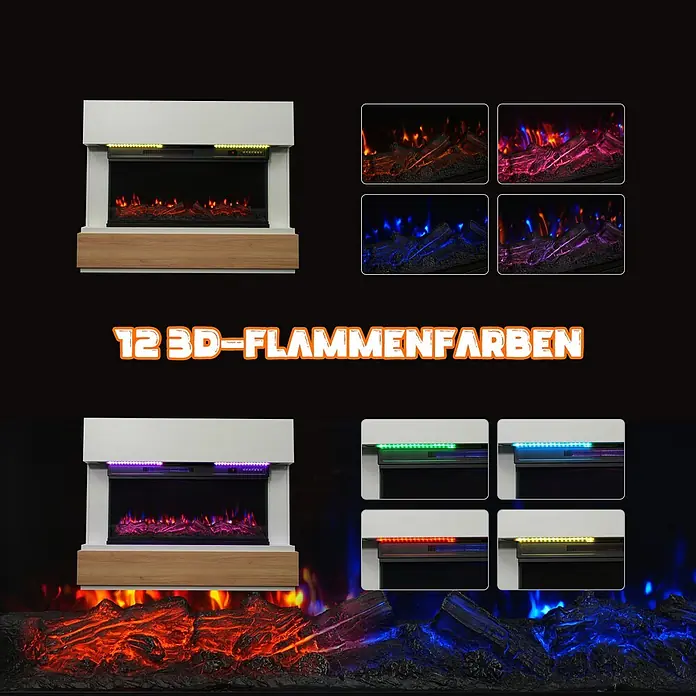 HOMAVO 36'' 1000W/2000W Elektrokamin mit Schrank -  - Ein Elektrokamin mit weißer und holzfarbener Verkleidung, der bunte 3D-Flammen und LED-Akzentlichter in verschiedenen Farben zeigt.